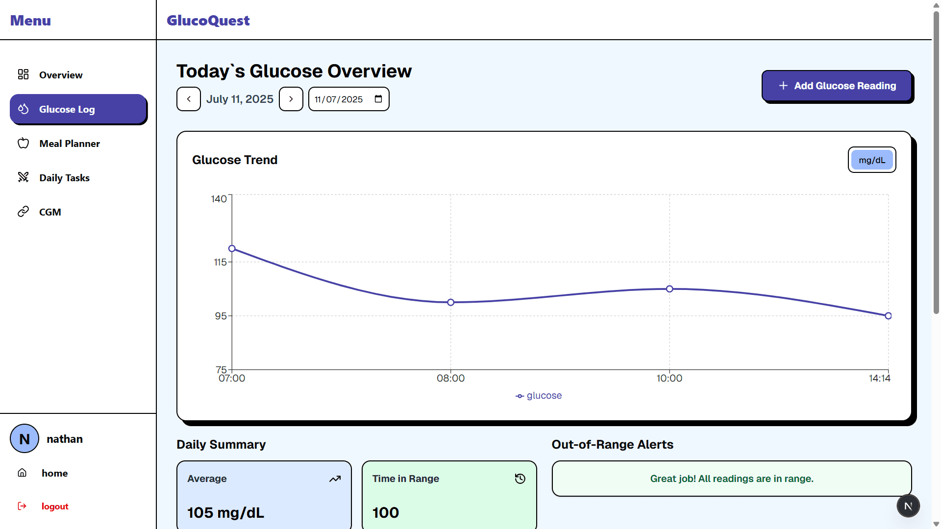 Daily glucose overview