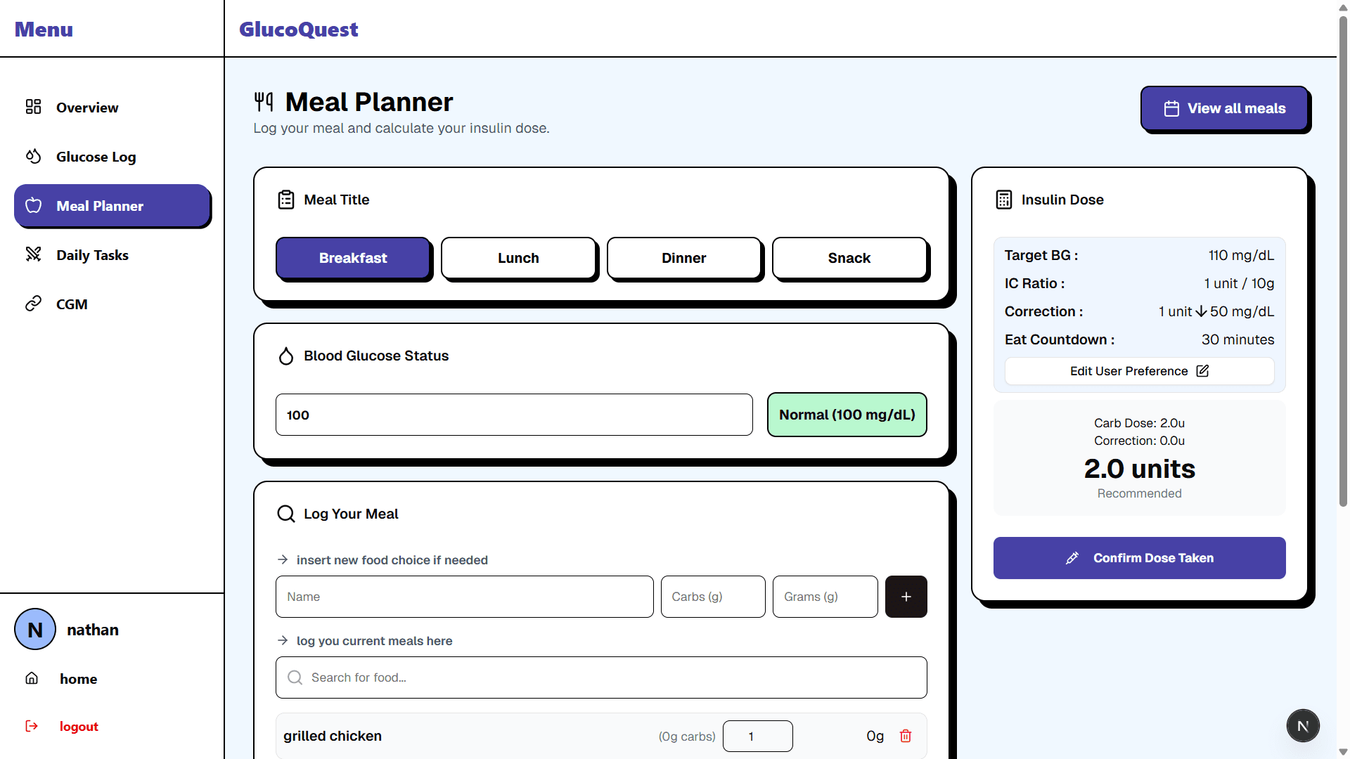 Meal planner with insulin calculator