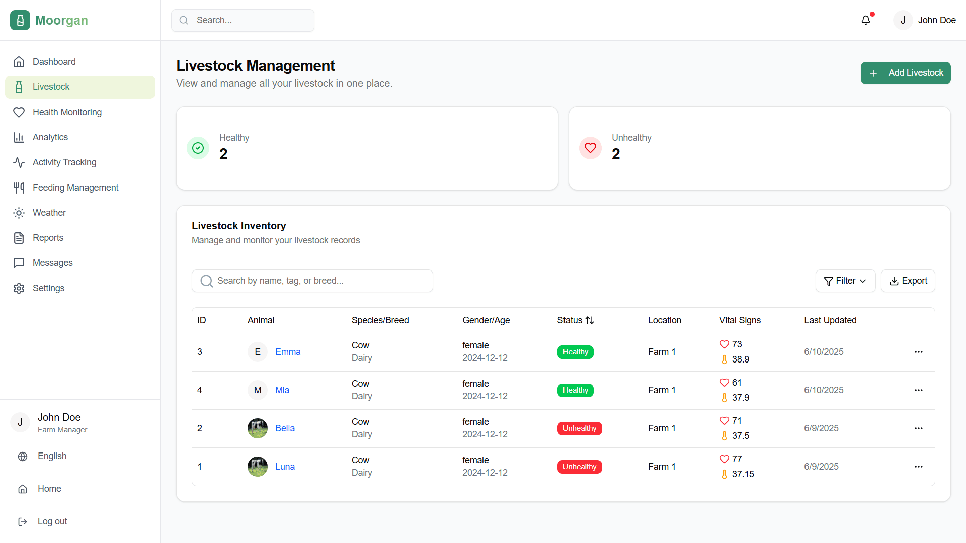 Livestock management page